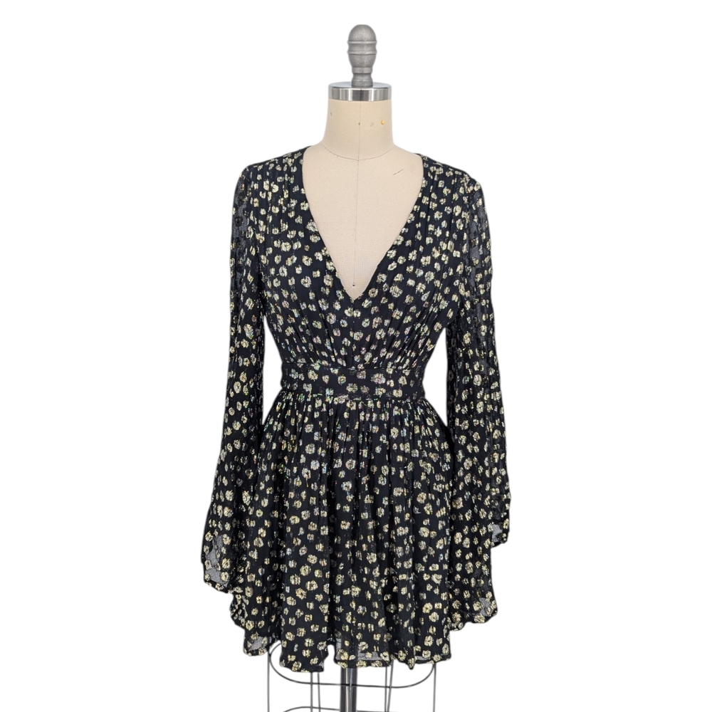 01128 Mille Animal Print Metallic Dress Black Gold size XSmall bohemian punk